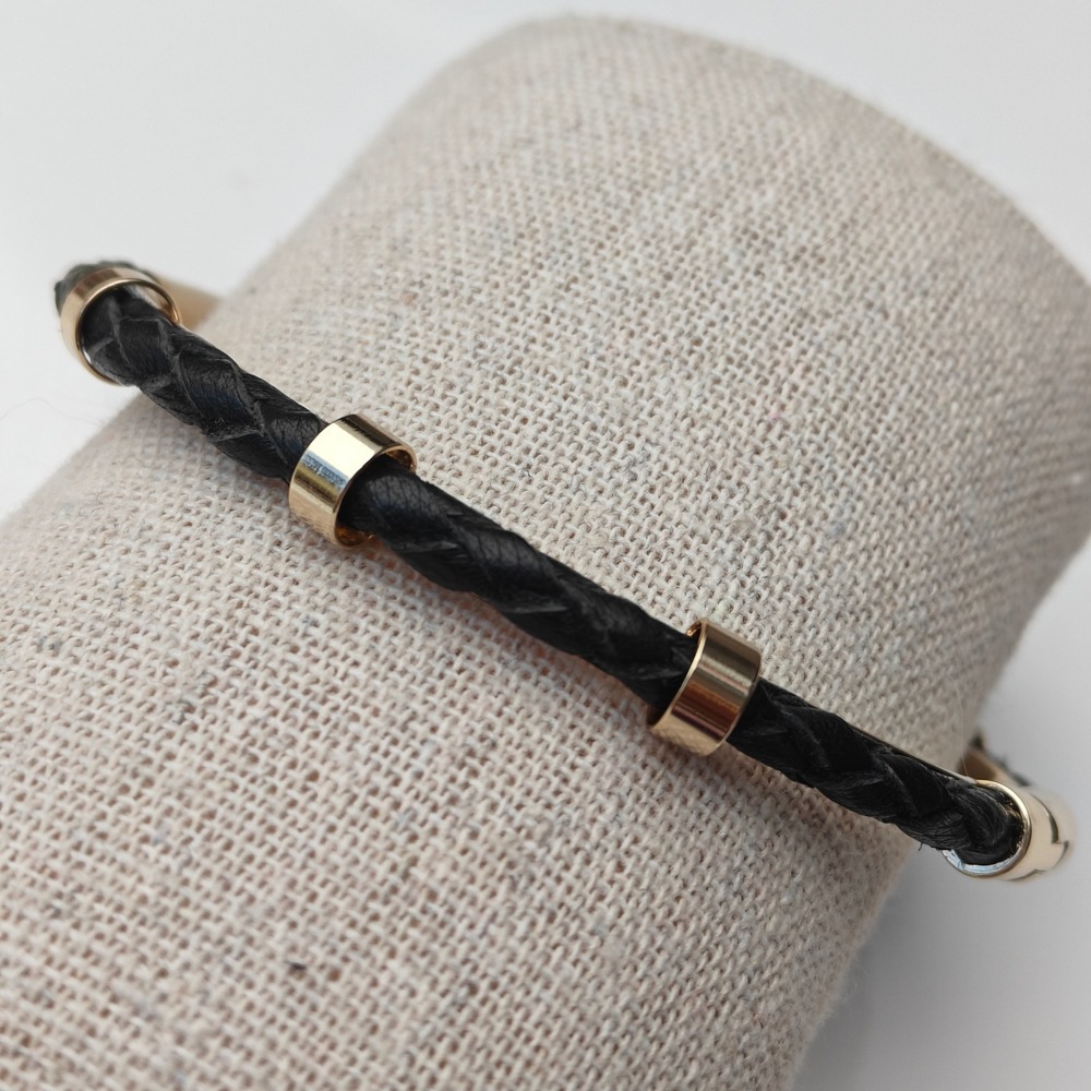 Black Braided Leather Gold Tone Bangle Bracelet Cuff Metal Spacer Bar Clasp